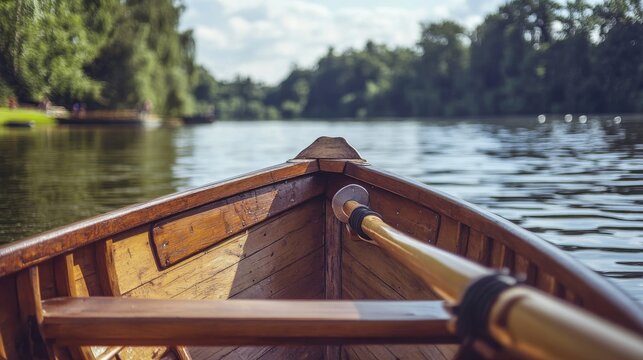 A rowing boat with a focus on the oarlocks, outdoor setting with a calm lake, Tranquil style