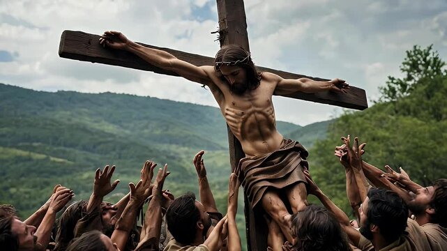 Jesus Christ crucified on the cross surrounded by a crowd