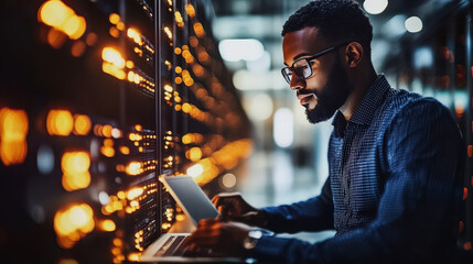 rows of server racks with glowing lights and an engineer working on a laptop