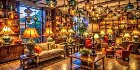 Fototapeta premium Captivating Long Exposure Shot of an Interior Decor Boutique Showcasing an Array of Stylish Lamps in a Warm and Inviting Atmosphere Ideal for Home Decor Inspiration