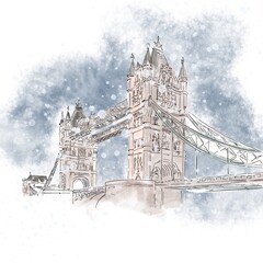 Obraz premium London bridge. Winter. Background.City. Watercolor style 