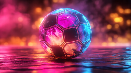 Naklejka premium Neon Soccer Ball Digital Art, Futuristic Soccer Ball Glowing Colors, Vibrant Soccer Image, Neon Sports Illustration, Modern Soccer Artwork