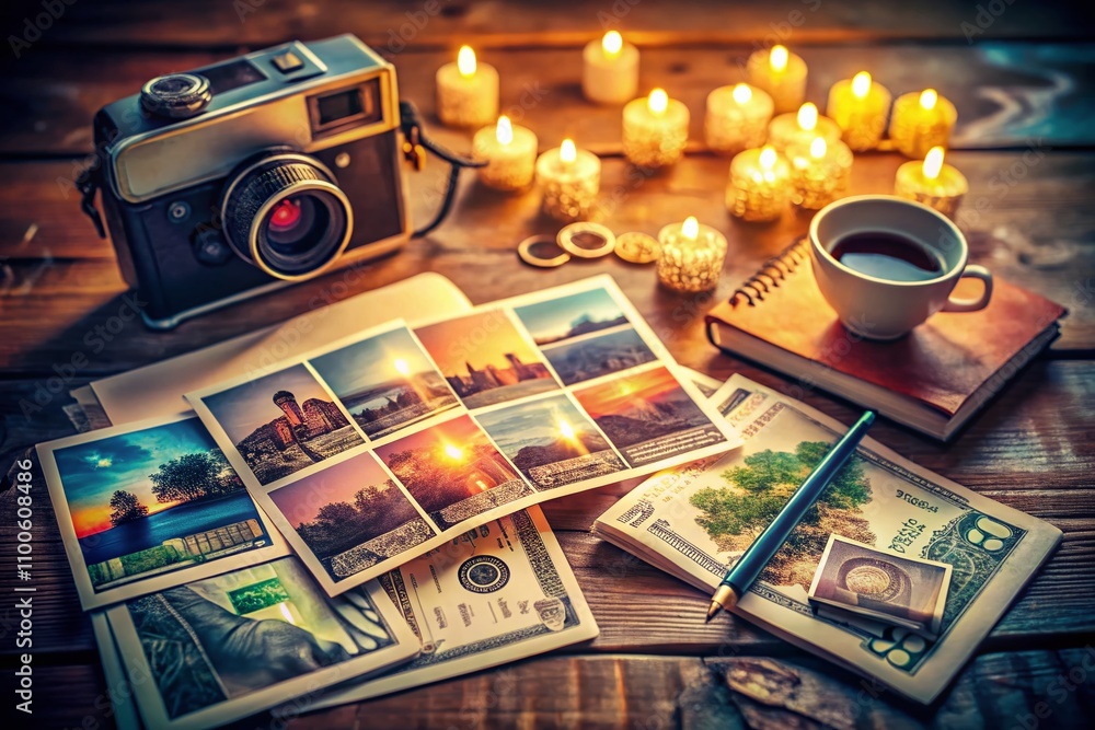 Poster captivating low light composition of an open travel journal with polaroid photo frames and vintage c