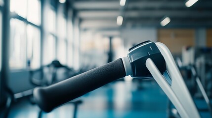 A rowing ergometer handle with a focus on the grip and cord, indoor setting in a rowing gym, Dynamic style