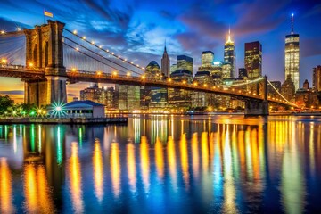 Fototapeta premium Captivating Low Light Photography of Brooklyn's Iconic Landmarks Illuminated at Night, Showcasing the Vibrant Urban Landscape and Unique Architectural Beauty of New York City