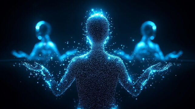 High-tech learning template, holographic screens floating around students, futuristic and clean, deep blue tones, ready for interactive design