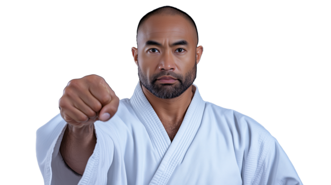 Martial artist demonstrating strong fist pose in white gi on transparent background - Powered by Adobe