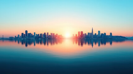 Fototapeta premium A city skyline is reflected in the water, with the sun setting in the background
