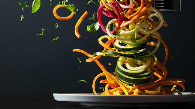 A spiralizer creating vibrant veggie noodles from zucchini, carrots, and beetroot, with the noodles beautifully plated for a healthy meal.