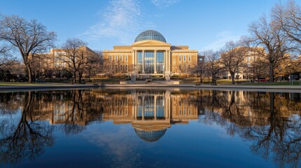 Fototapeta premium Early spring morning showcases Taft Pavilion at Rosel Clear Lake, with still waters reflecting the structure and blue skies amidst gentle clouds