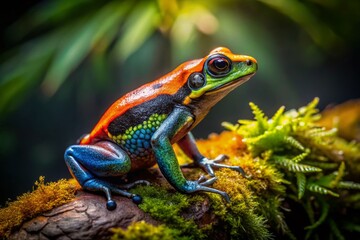 Obraz premium Captivating Low Light Photography of the Golfodulcean Poison Frog in Its Natural Habitat, Showcasing Vibrant Colors and Unique Patterns Amidst a Dark, Enigmatic Environment