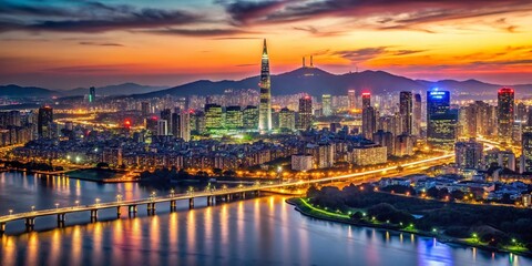 Fototapeta premium Captivating Low Light View of Seoul's Skyline at Night, Showcasing Iconic Landmarks, Vibrant City Lights, and Serene Atmosphere Over the Han River in South Korea