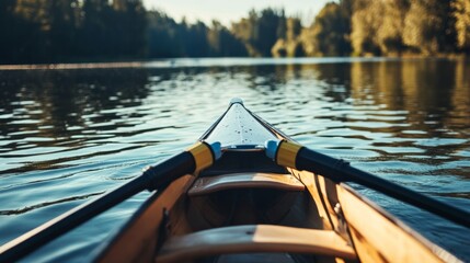 A rowing shell on a lake with a focus on the oars and water surface, outdoor setting with morning light, Serene style