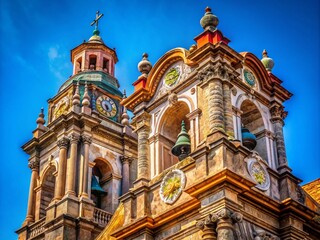 Fototapeta premium Captivating Macro Photography of a Belltower on a Catholic Church Exterior Showcasing Intricate Architectural Details Against a Clear Blue Sky