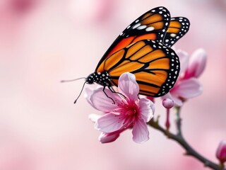 Obraz premium A monarch butterfly drinking nectar from a bright pink cherry blossom with delicate orange and black stripes., outdoor, garden, delicate petals