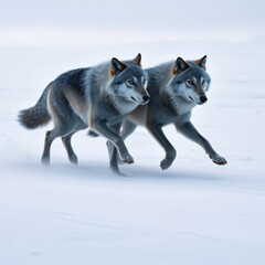 Obraz premium A pair of gray wolves running together in a vast white expanse with their bodies streamlined and powerful, speed, snow, gray wolves, landscape photography, wildlife