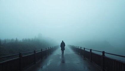 Lonely figure walking on a foggy bridge, creating a melancholic atmosphere