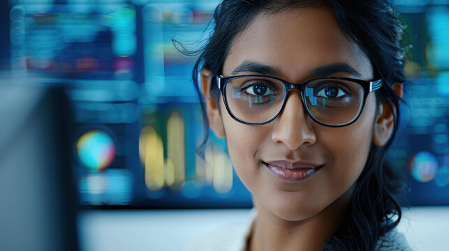 A young female coder beams with a smile, showcasing her passion for tech and development in a vibrant office space.
