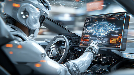 Fototapeta premium futuristic pilot interacts with advanced AI system in high tech cockpit, showcasing cutting edge technology and innovation