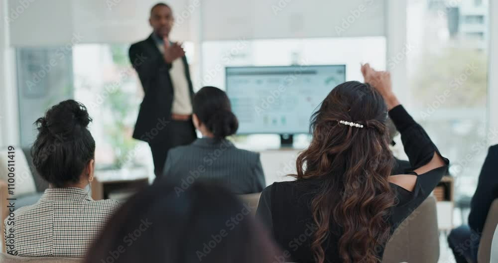 Aufkleber group of people, meeting and hand raised for question, business and insights with presentation scree