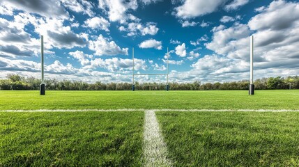A rugby field with a focus on the try line, outdoor setting with partly cloudy skies, Rugged style