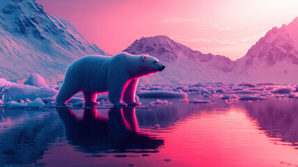 A minimalist climate change banner depicting a polar bear stranded on a melting ice floe, raising...