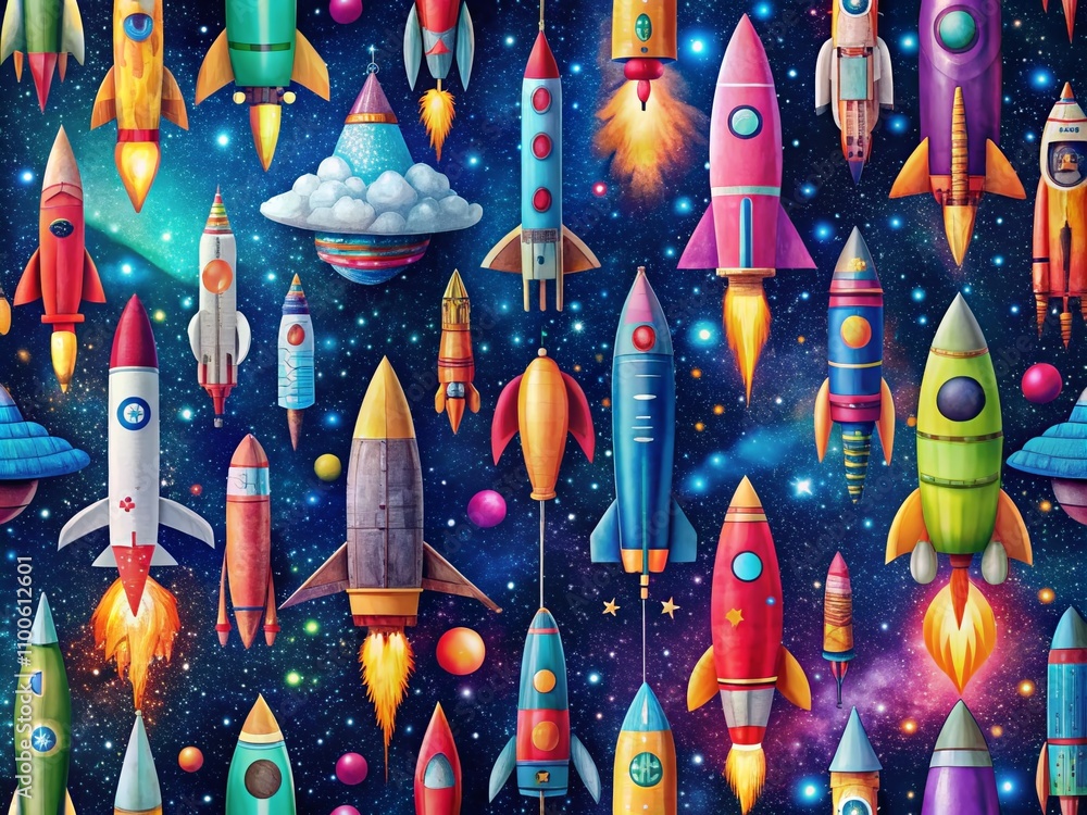 Poster captivating panoramic photography of a seamless pattern featuring colorful space rockets on a starry