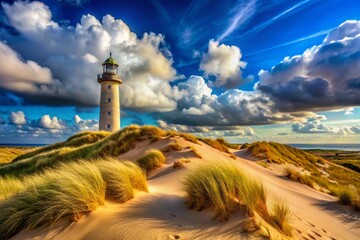 Captivating Panoramic View of a Lighthouse Towering Over a Serene Sand Dune Under a Clear Blue Sky, Perfect for Coastal and Nature Photography Enthusiasts