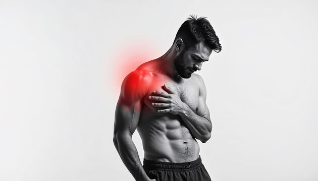 Muscular man experiences shoulder pain during workout session