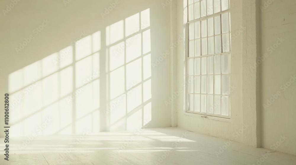 Poster sunlit white empty studio space with gentle shadows from window