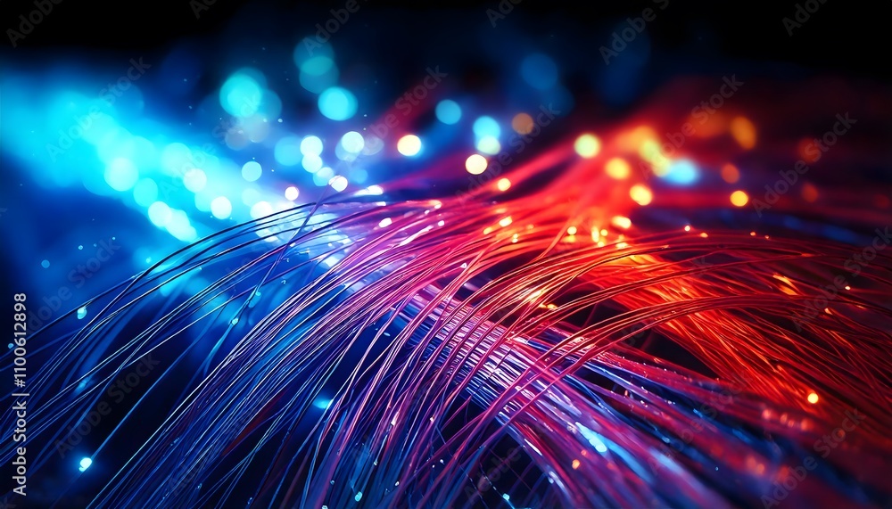 Poster vibrant fiber optic lights in dynamic motion, showcasing a spectrum of colors and abstract patterns.
