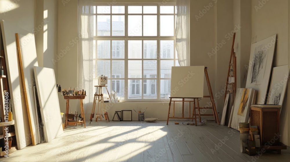 Poster sunlit white empty studio space with gentle shadows from window