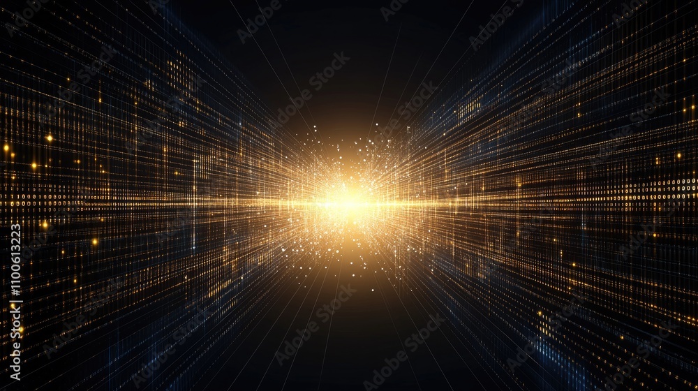 Poster abstract visual showcases glowing data lines combined with light particles, emphasizing big data tec
