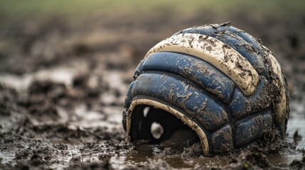 A rugby scrum cap with a focus on the padding, outdoor setting with muddy field, Tough style