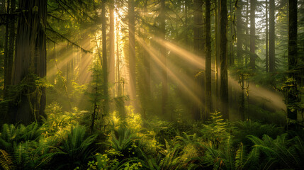Fototapeta premium Ethereal morning sun rays shining through a misty forest, creating an enchanting and serene environment