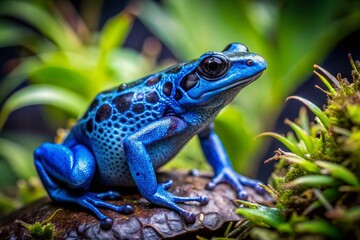 Fototapeta premium Captivating Product Photography of a Blue Poison Dart Frog Set Against a Naturalistic Background for Nature and Wildlife Enthusiasts