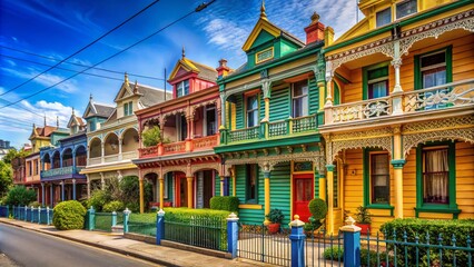 Fototapeta premium Captivating Row of Melbourne Terrace Houses Showcasing Unique Architectural Styles in an Urban Exploration Setting with Vibrant Colors and Lively Street Life