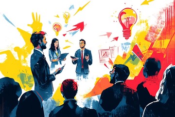 Illustrate the success and excitement of a startup pitch event, showcasing entrepreneurs presenting innovative ideas, potential investors, and the entrepreneurial spirit in action, design,


