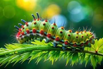 Captivating Saturnia Pavonia Caterpillar Portrait in a Serene Natural Landscape Surrounded by Lush Greenery and Soft Light, Showcasing Nature's Intricate Details and Vibrant Colors