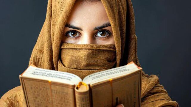 Afghan Muslim woman in burka reading Quran in traditional costume against dark background.