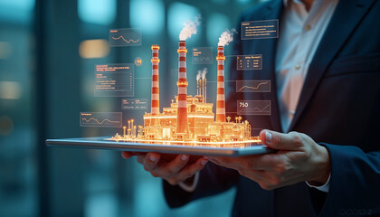 A businessman reviews a digital factory model on a tablet, displaying real-time performance data and graphs