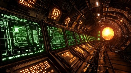 Interactive space station, digital screens and control panels, sci-fi style