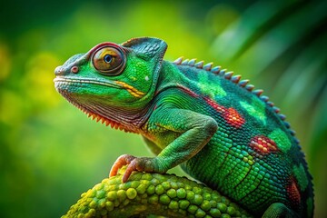 Obraz premium Captivating Studio Portrait of a Vibrant Multi-Green Chameleon Against a Lush Green Background, Showcasing Nature's Intricate Details and Stunning Color Palette