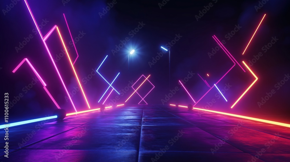 Poster empty futuristic studio scene at night. neon lights create geometric patterns on dark floor. spotlig