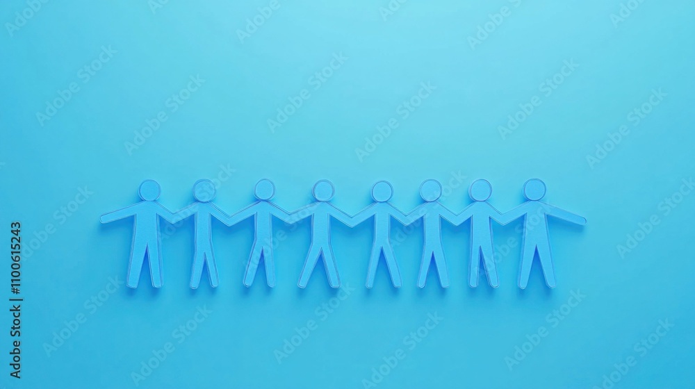 Poster paper cutout figures holding hands on a blue background, representing unity and teamwork, with soft 