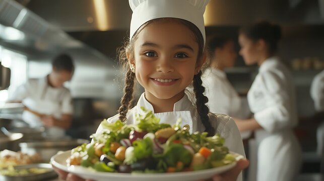 Young Girl in Chef's Outfit Smiling with Fresh Salad in Kitchen