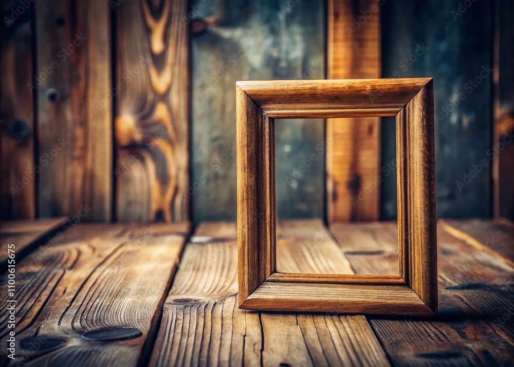 Poster captivating tilt-shift photography of an empty photo frame on a rustic wooden background, ideal for 