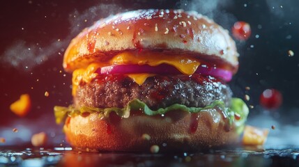 Juicy Cheeseburger with Flying Ingredients
