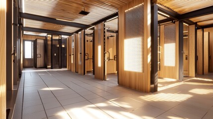 Hostel washroom interior, spacious design, accessible showers, frosted glass details