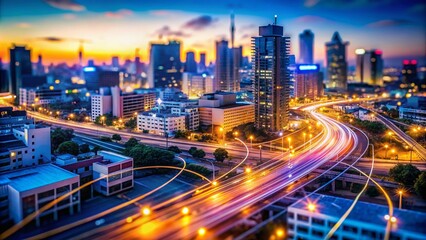 Fototapeta premium Captivating Tilt-Shift Photography of a Vibrant Cityscape with Fiber Optic Cables and Wi-Fi Symbols, Showcasing Connectivity in the Modern Digital World